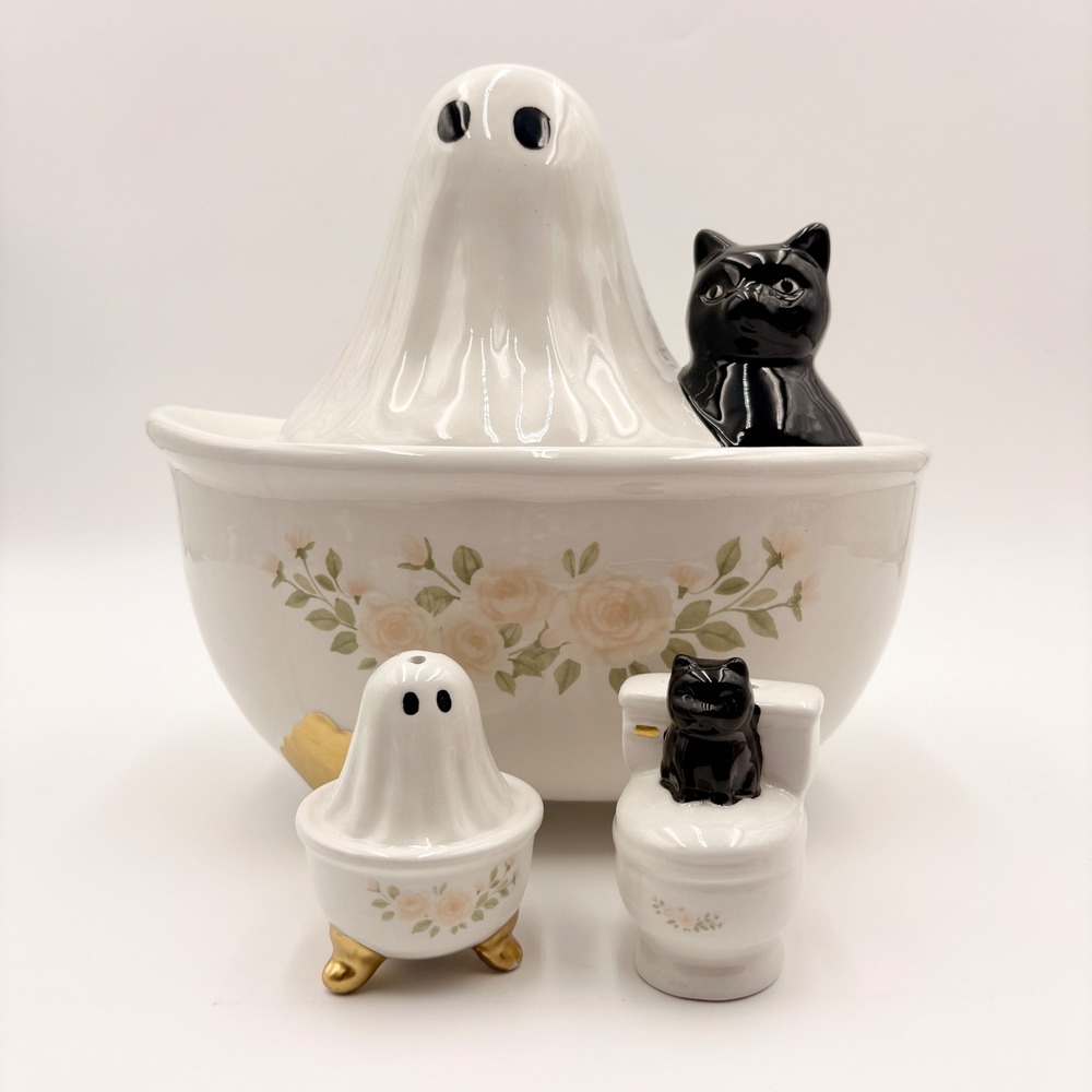 Haunted Halloween Ghost Black Cat Bathtub Cookie Jar Salt and Pepper Shaker Set